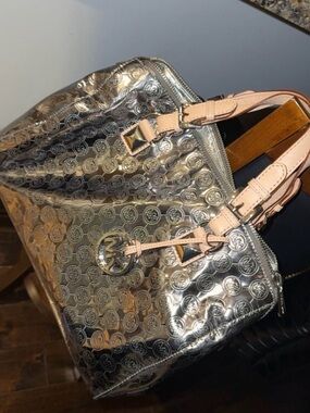 Michael Kors Metallic Silver Tote with Pale Pink Leather Handles